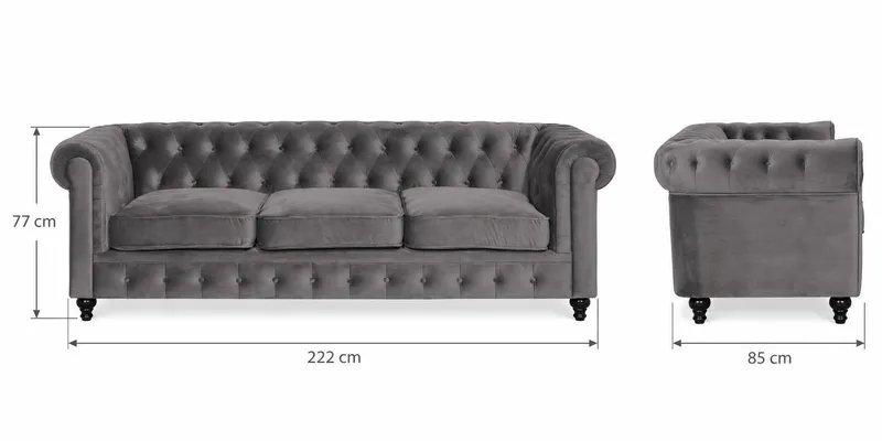Chesterfield Lyx 3 sits Sammetssoffa - Djup soffa - Mörkgrå - Möbler - Soffa - 3 sits soffa