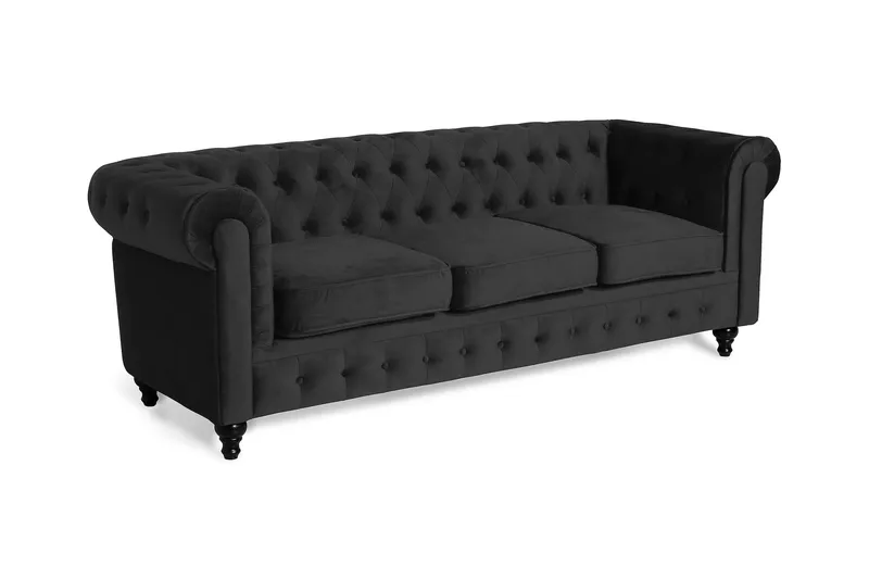 Chesterfield Lyx 3-sits Sammetssoffa - Djup soffa - Svart - Möbler - Soffa - 3 sits soffa