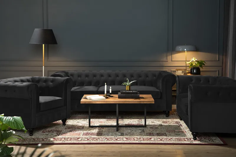 Chesterfield Lyx 3-sits Sammetssoffa - Djup soffa - Svart - Möbler - Soffa - 3 sits soffa