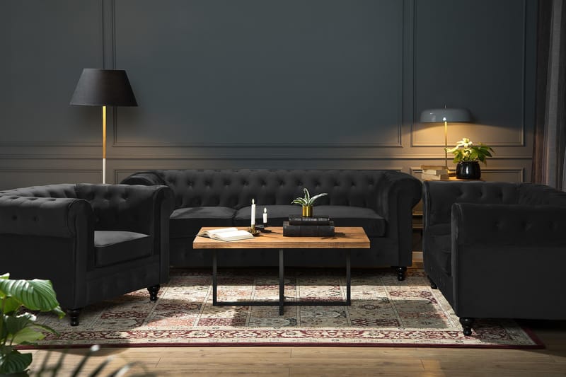 Chesterfield Lyx 3-sits Sammetssoffa - Djup soffa - Svart - Möbler - Soffa - 3 sits soffa