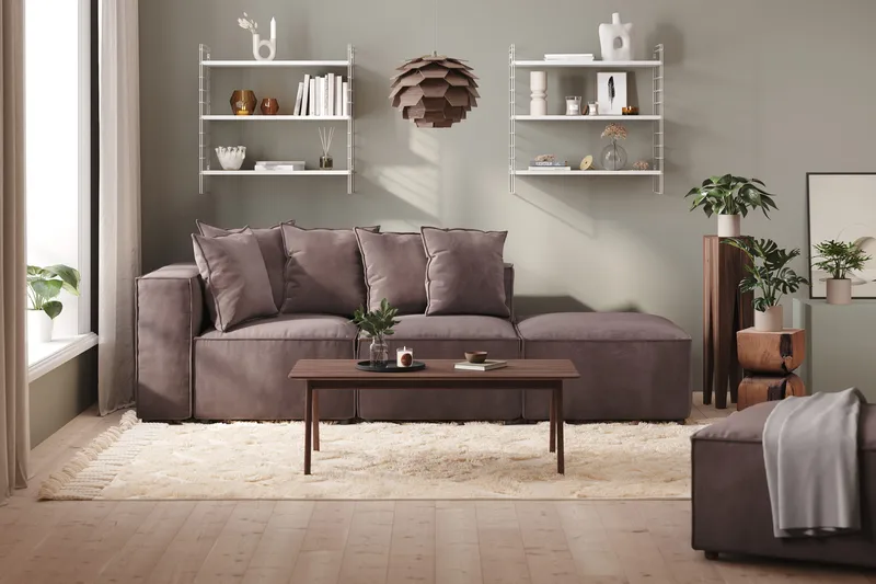 Cubo 3-sits Djup Modulsoffa + Fotpall i Sammet - Mörkgrå - Möbler - Soffa - Modulsoffa - Komplett modulsoffa