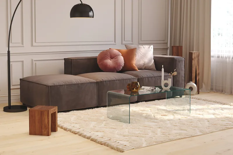 Cubo 3-sits Djup Modulsoffa + Fotpall i Sammet - Mörkgrå - Möbler - Soffa - Modulsoffa - Komplett modulsoffa