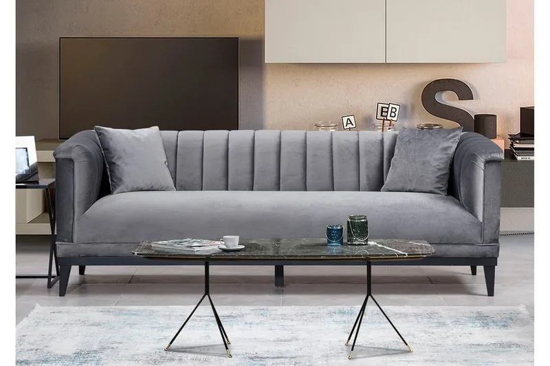 Mezonzo 3-sits Djup Sammetssoffa 225 cm med Kanalstoppad Rygg - Grå - Möbler - Soffa - 3 sits soffa