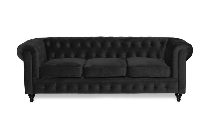 Sammetssoffa Walton Lyx 3-sits - Svart - 3 sits soffa - Sammetssoffa - Howardsoffa - Chesterfield soffa