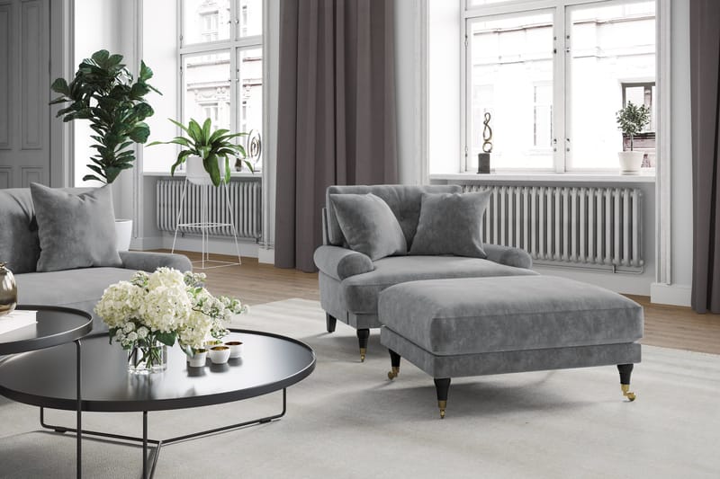 Sammetssoffa Webber 3-sits - Silvergrå|Mässing - Sammetssoffa - Howardsoffa - 3 sits soffa