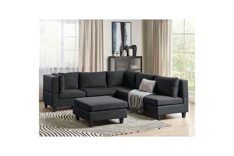 5-sits Hörnsoffa med fotpall Unstad Svart, Högervänd, Polyester - Svart, Högervänd, Polyester - Möbler - Soffa - Modulsoffa - Komplett modulsoffa