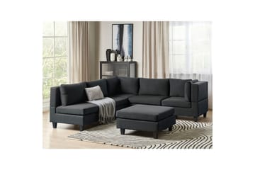 5-sits Hörnsoffa med fotpall Unstad Svart/svart, Vänstervänd, Polyester - Svart/svart, Vänstervänd, Polyester - Möbler - Soffa - Modulsoffa - Komplett modulsoffa