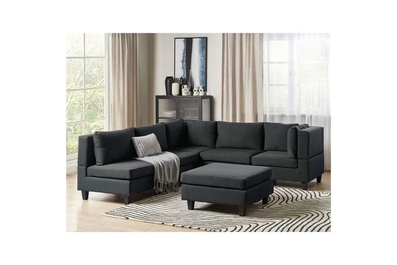 5-sits Hörnsoffa med fotpall Unstad Svart/svart, Vänstervänd, Polyester - Svart/svart, Vänstervänd, Polyester - Möbler - Soffa - Modulsoffa - Komplett modulsoffa