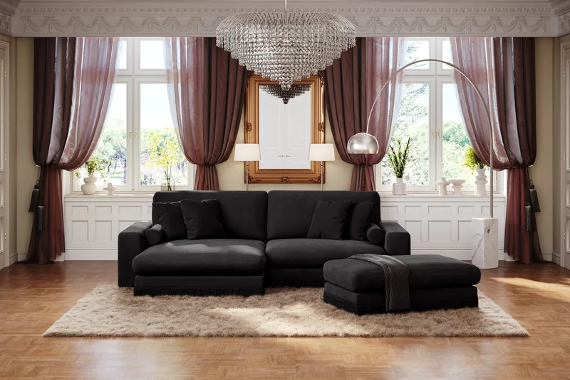 Adelsö by Gynning 4-sits Vändbar L-formad Djup Divansoffa i Sammet - Svart - Möbler - Soffa - Divansoffa & schäslongsoffa - 4 sits soffa med divan