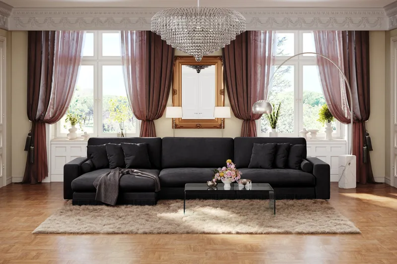 Adelsö by Gynning 6-sits Vändbar L-formad Djup Divansoffa i Sammet - Svart - Möbler - Soffa - Sammetssoffa