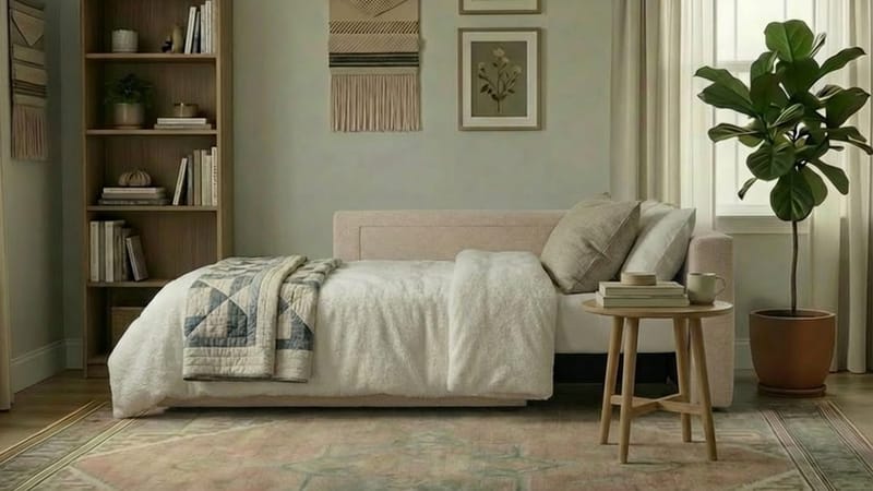 Alnaryd 2-3-sits Bäddsoffa med Fällbart Armstöd - Beige - Möbler - Soffa - Bäddsoffa - 2 sits bäddsoffa