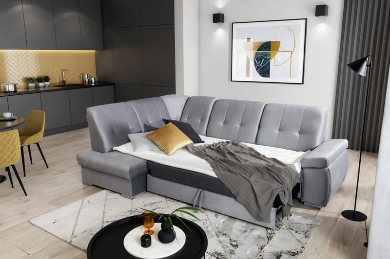 Bäddsoffa m. Schäslong Amelya 3-sits - Grå - Möbler - Soffa - Bäddsoffa - Bäddsoffa längsbäddad