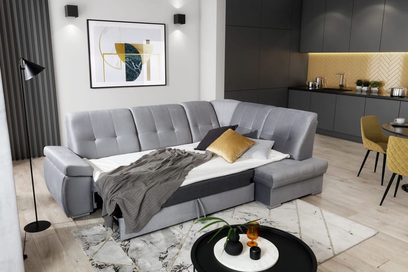 Bäddsoffa m. Schäslong Amelya 3-sits - Grå - Möbler - Soffa - Bäddsoffa - Bäddsoffa längsbäddad