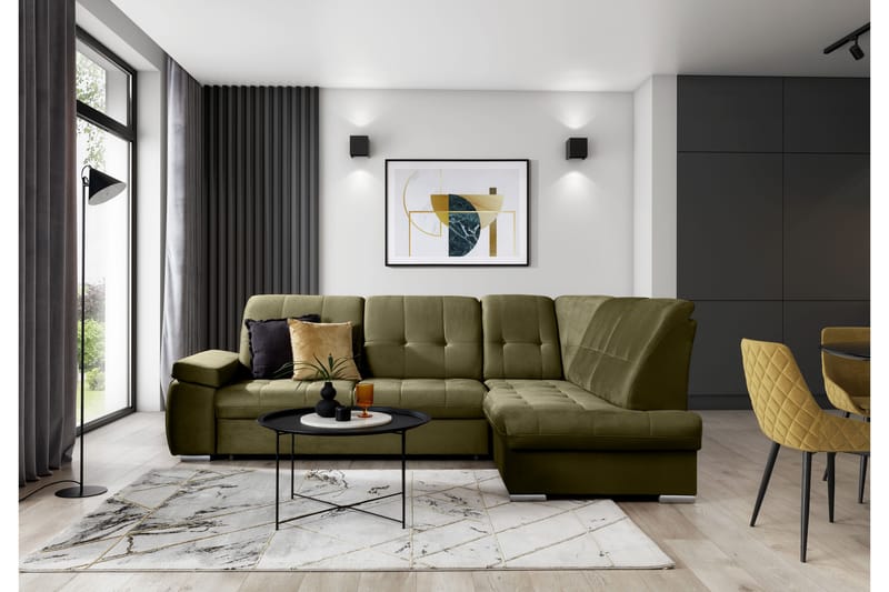 Bäddsoffa m. Schäslong Amelya 3-sits - Grön - Möbler - Soffa - Bäddsoffa - Bäddsoffa längsbäddad