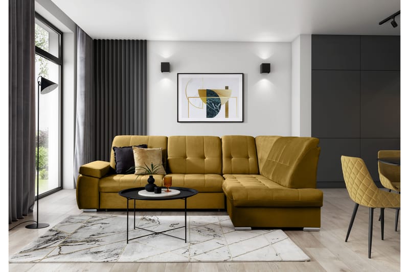 Bäddsoffa m. Schäslong Amelya 3-sits - Gul - Möbler - Soffa - Sammetssoffa