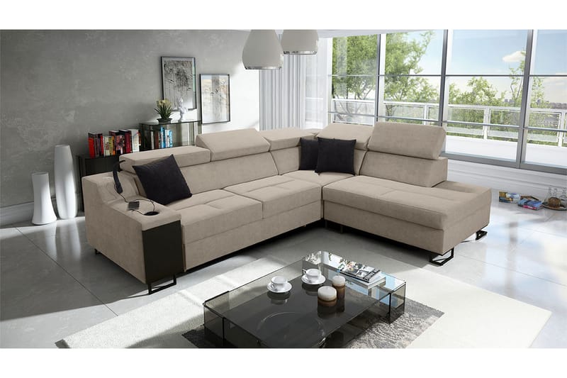 Bäddsoffa m. Schäslong Tamami 3-sits 210x127 - Beige - Möbler - Soffa - Sammetssoffa