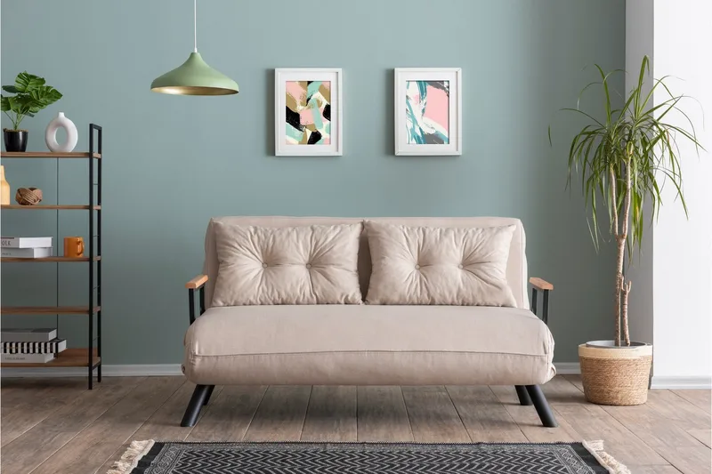 Alfredton 2-sits Bäddbar Fällbar Bäddsoffa i Tyg med Metallben - Ljusbeige - Möbler - Soffa - Bäddsoffa - 2 sits bäddsoffa