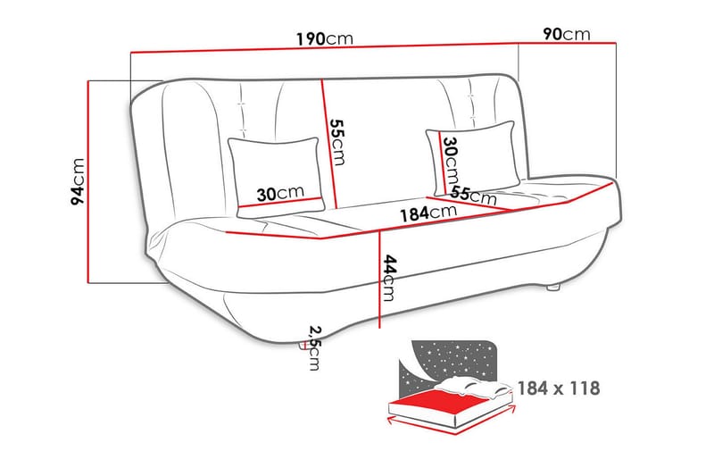 Bäddsoffa Broalwey 2-sits 190x90 cm - Grå - 2 sits bäddsoffa