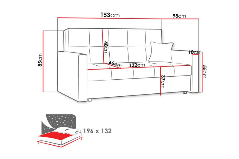 Bensbyn 2-sits Snygg Längsbäddad Bäddsoffa i Tyg med Förvaring - Röd|Svart - Möbler - Soffa - Bäddsoffa - 2 sits bäddsoffa