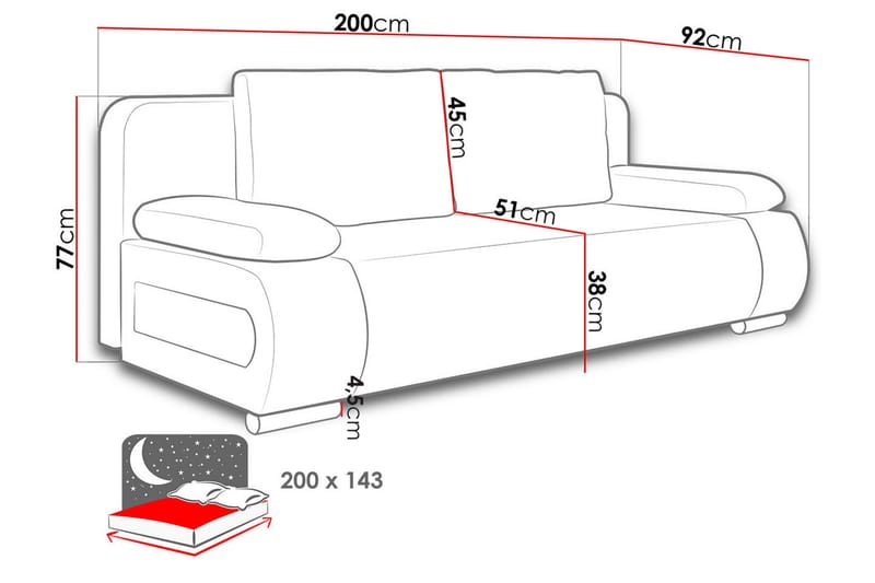 Emma Bäddsoffa 200x94x76 cm - Svart/Grå - Möbler - Soffa - Bäddsoffa - 2 sits bäddsoffa