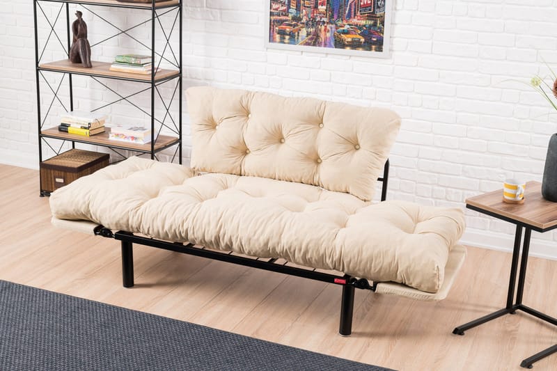 Jenica 2-sits Fällbar Bäddsoffa i Tyg med Metallben - Beige - Möbler - Soffa - Bäddsoffa - 2 sits bäddsoffa