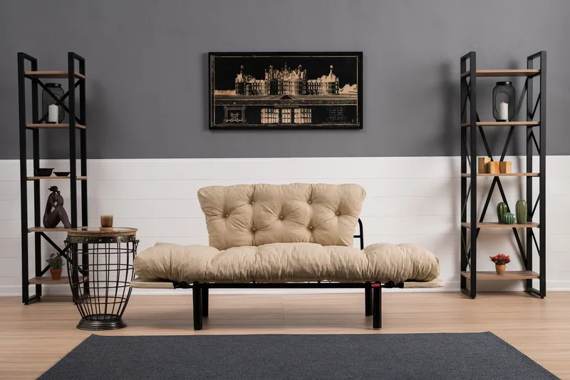 Jenica 2-sits Fällbar Bäddsoffa i Tyg med Metallben - Beige - Möbler - Soffa - Bäddsoffa - 2 sits bäddsoffa