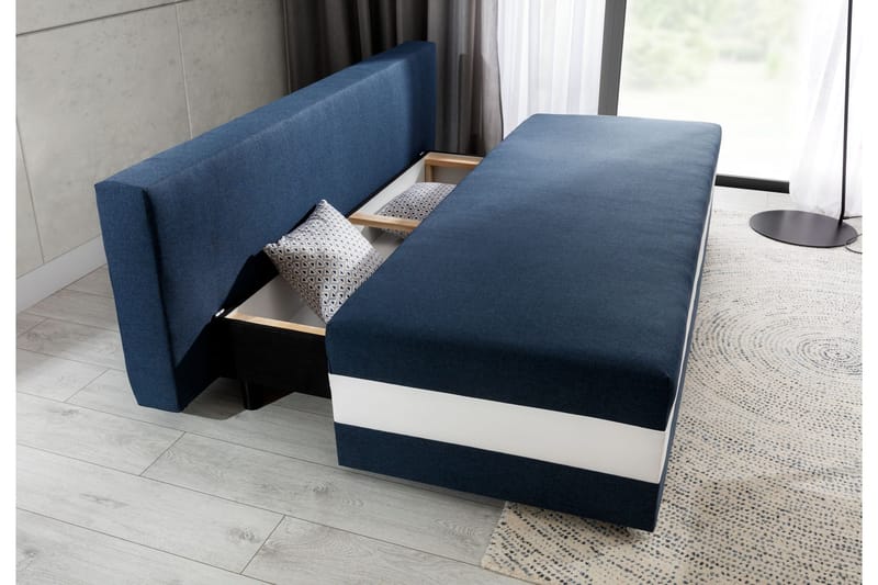 Karolez 3-sits Rektangulär Bäddsoffa med Bladmönstrade Kuddar i Tyg - Blå|Vit - Möbler - Soffa - Bäddsoffa - 2 sits bäddsoffa
