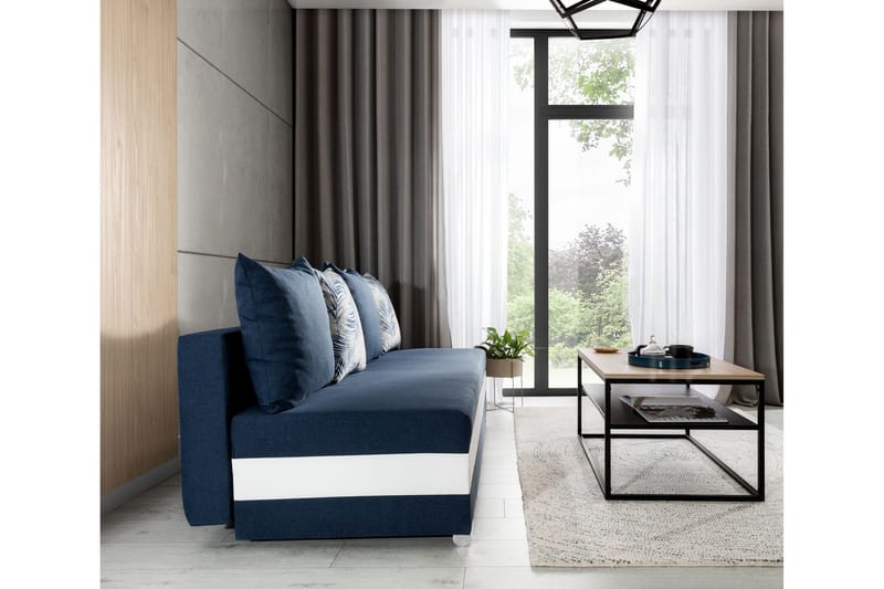 Karolez 3-sits Rektangulär Bäddsoffa med Bladmönstrade Kuddar i Tyg - Blå|Vit - Möbler - Soffa - Bäddsoffa - 2 sits bäddsoffa