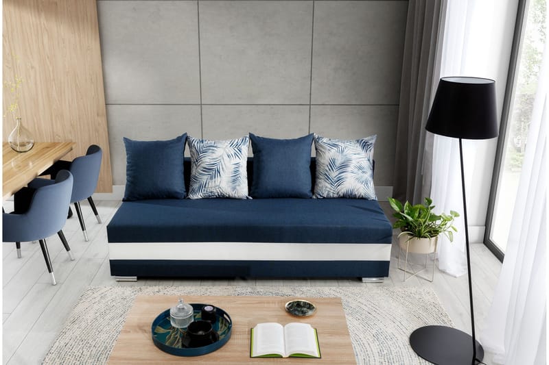 Karolez 3-sits Rektangulär Bäddsoffa med Bladmönstrade Kuddar i Tyg - Blå|Vit - Möbler - Soffa - Bäddsoffa - 2 sits bäddsoffa