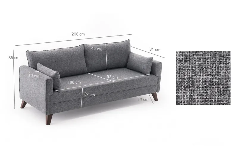 Antigua 3-sits Längsbäddad Bäddsoffa 150x190 cm i Tyg - Grå - Möbler - Soffa - Bäddsoffa - 3 sits bäddsoffa