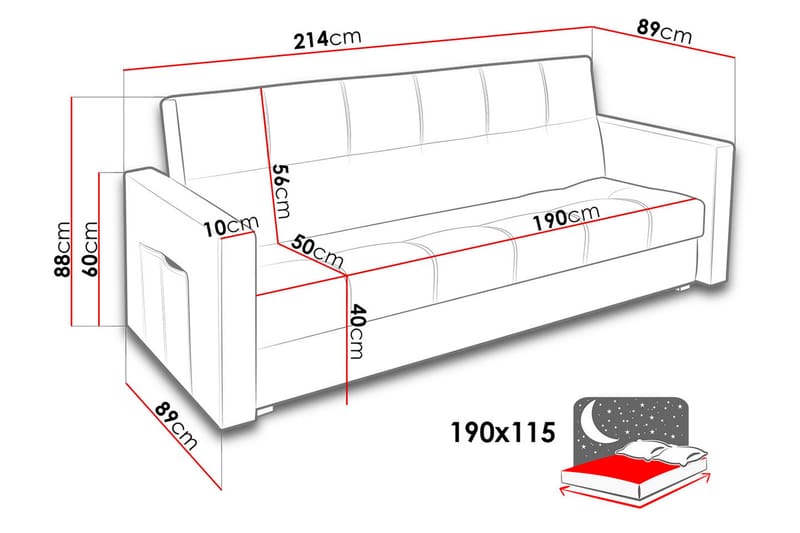 Bäddsoffa Bona 214x89x88 cm - Svart - 3 sits bäddsoffa