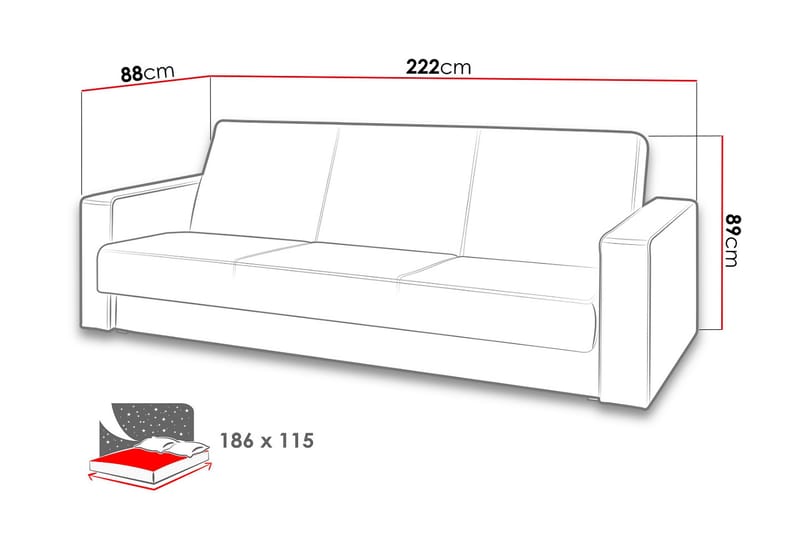 Bäddsoffa Gordia 222x88x89 cm - Grå - Möbler - Soffa - Bäddsoffa - 3 sits bäddsoffa