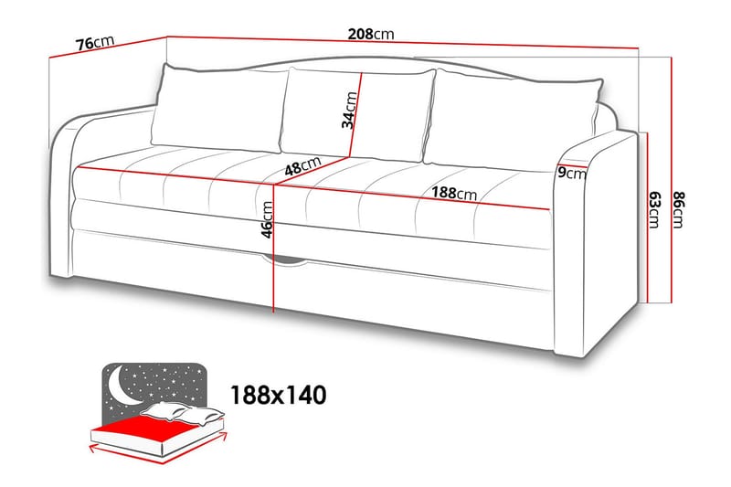 Bäddsoffa Grayham 208x76x86 cm - Rosa - 3 sits bäddsoffa