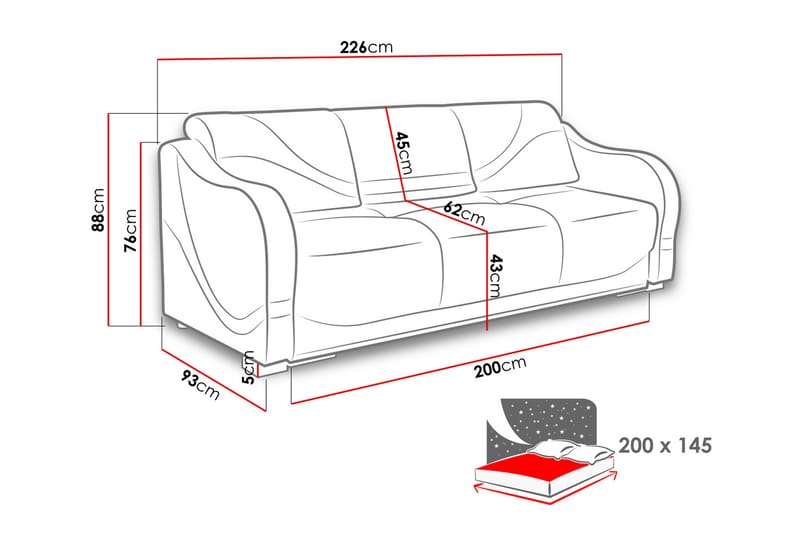 Bäddsoffa Karmen 226x93x88 cm - Grå/Vit - 3 sits bäddsoffa