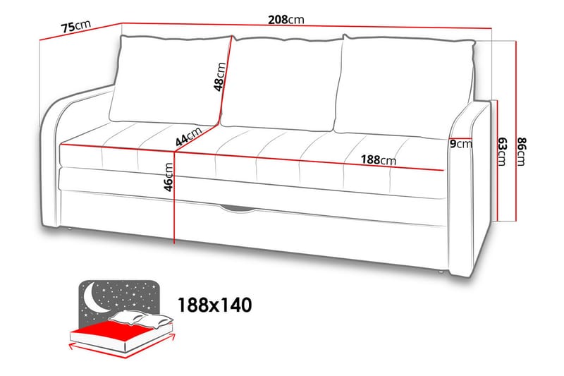 Bäddsoffa Lido 208x75x86 cm - Blå/Grå/Röd - Möbler - Soffa - Bäddsoffa - 3 sits bäddsoffa