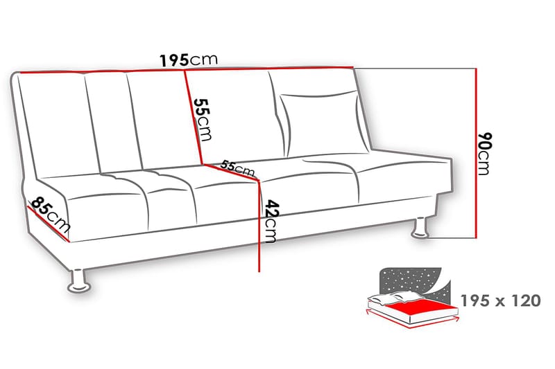 Bäddsoffa Lisa 195x85x90 cm - Beige/Grå - Möbler - Soffa - Bäddsoffa - 3 sits bäddsoffa