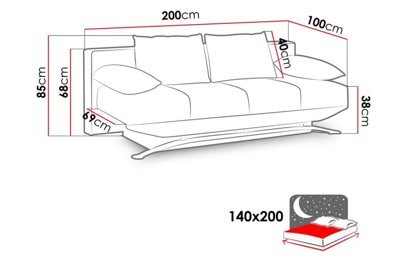 Bäddsoffa Olier 200x100x85 cm - Svart - Möbler - Soffa - Bäddsoffa - 3 sits bäddsoffa