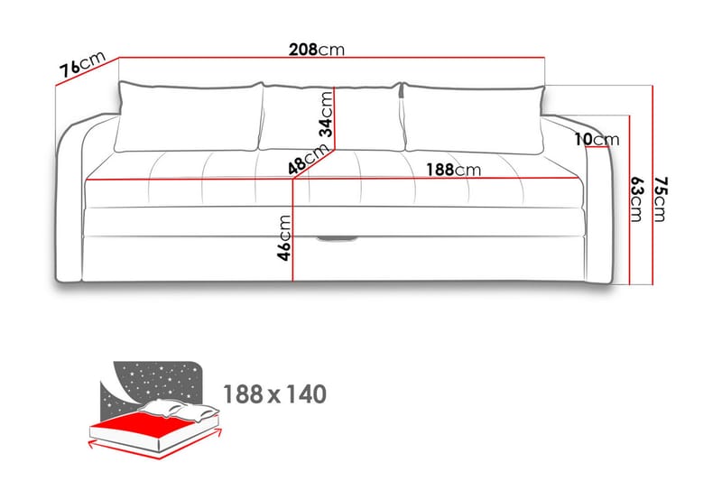 Bäddsoffa Rafal 208x76x75 cm - Svart - Möbler - Soffa - Bäddsoffa - 3 sits bäddsoffa