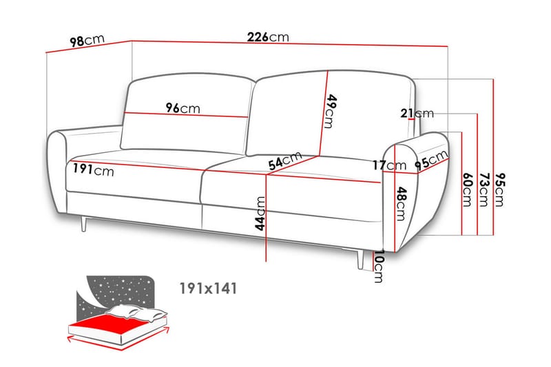 Bäddsoffa Silvia 226x98x95 cm - Röd - Möbler - Soffa - Bäddsoffa - 3 sits bäddsoffa