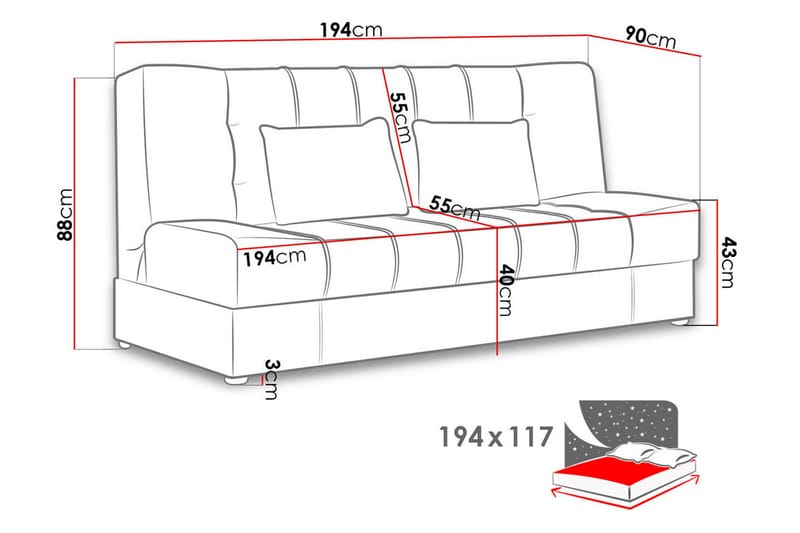 Bäddsoffa Sonia 194x90x88 cm - Brun - Möbler - Soffa - Bäddsoffa - 3 sits bäddsoffa