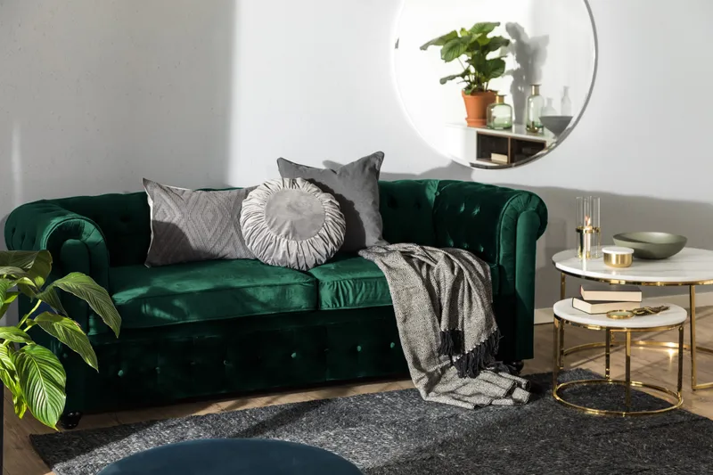 Chesterfield Lyx 3-sits Framåtbäddad bäddsoffa i sammet - Grön - Möbler - Soffa - Bäddsoffa - 3 sits bäddsoffa