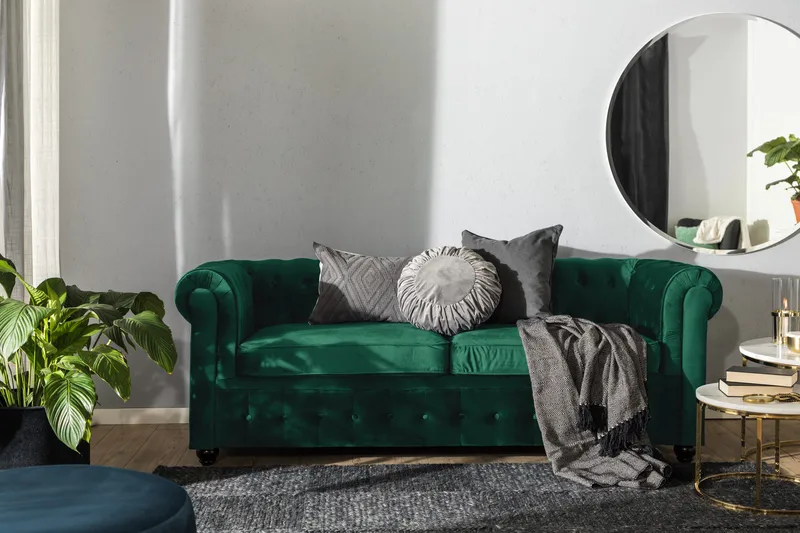 Chesterfield Lyx 3-sits Framåtbäddad bäddsoffa i sammet - Grön - Möbler - Soffa - Bäddsoffa - 3 sits bäddsoffa