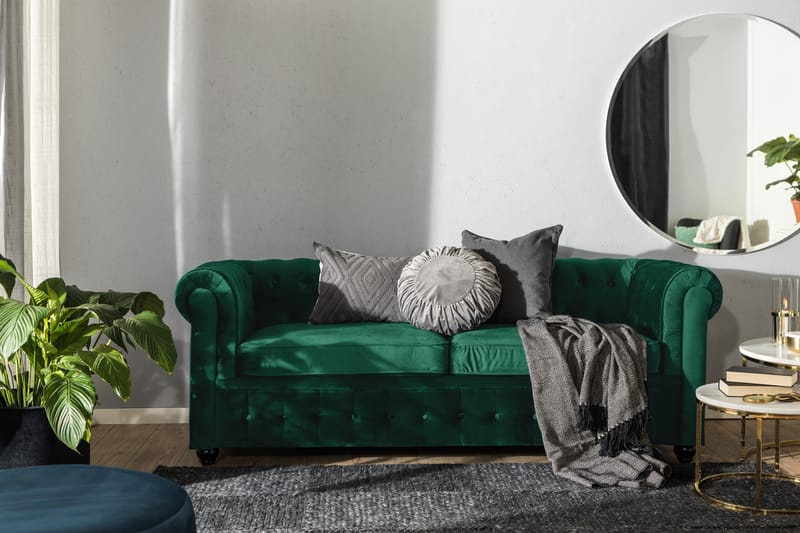 Chesterfield Lyx 3-sits Framåtbäddad bäddsoffa i sammet - Mörkgrön - Möbler - Soffa - Bäddsoffa - 3 sits bäddsoffa