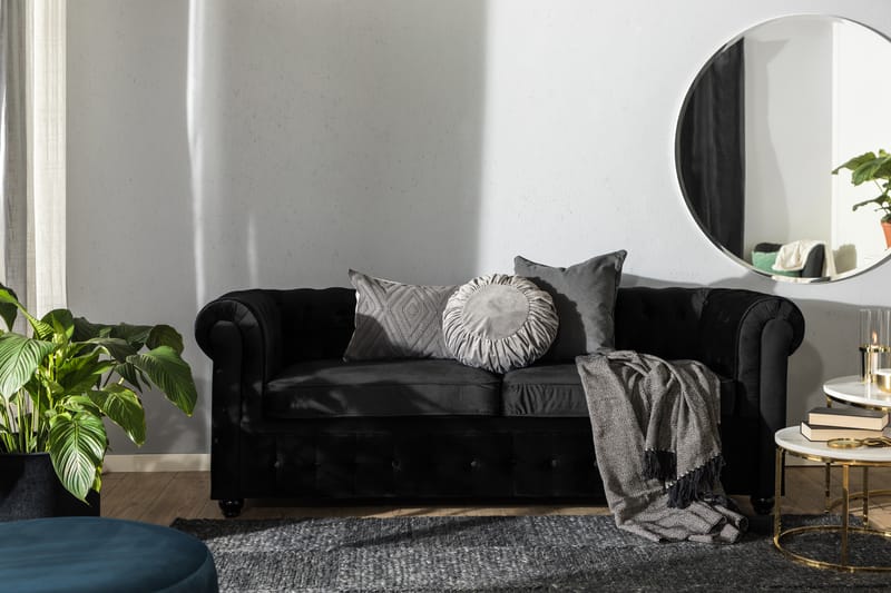 Chesterfield Lyx 3-sits Framåtbäddad bäddsoffa i Sammet - Svart - Möbler - Soffa - Bäddsoffa - 3 sits bäddsoffa