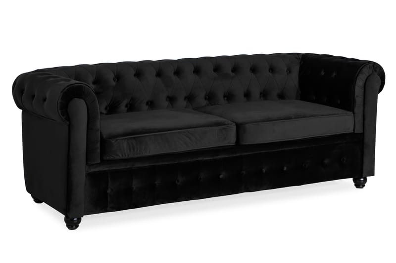 Chesterfield Lyx 3-sits Framåtbäddad bäddsoffa i Sammet - Svart - Möbler - Soffa - Bäddsoffa - 3 sits bäddsoffa