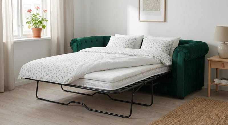 Chesterfield Lyx 3-sits Framåtbäddad Bäddsoffa med HVILA Bäddmadrass 140x200 cm Polyesterskum med Tvättbar klädsel - Grön - Möbler - Soffa - Bäddsoffa - 3 sits bäddsoffa
