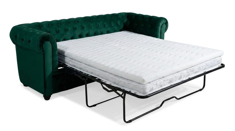 Chesterfield Lyx 3-sits Framåtbäddad Bäddsoffa med HVILA Bäddmadrass 140x200 cm Polyesterskum med Tvättbar klädsel - Grön - Möbler - Soffa - Bäddsoffa - 3 sits bäddsoffa