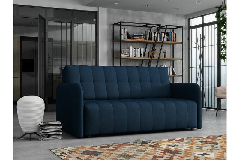 Denegal liten 3-sits Bäddsoffa Framåtbäddad i Plysch - Mörkblå - Möbler - Soffa - Bäddsoffa - 3 sits bäddsoffa