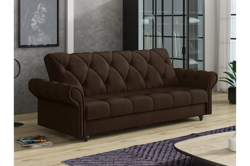 Denegal liten 3-sits Bäddsoffa Längsbäddad i Plysch - Mörkbrun - Möbler - Soffa - Bäddsoffa - 3 sits bäddsoffa