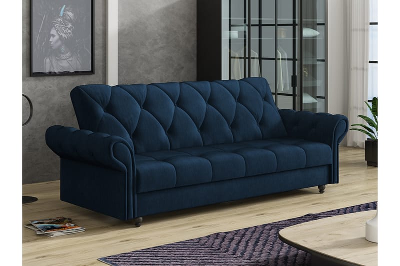 Denegal liten 3-sits Bäddsoffa Längsbäddad i Plysch - Mörkblå - Möbler - Soffa - Bäddsoffa - 3 sits bäddsoffa